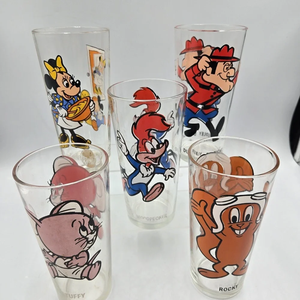 5 Vintage 70s Pepsi Co Glass Tumbler Cups Bullwinkle Minnie Mouse Cartoons Rare